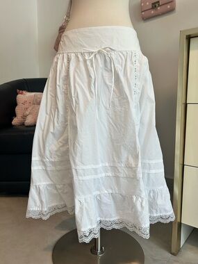 Cider White Cotton Midi Skirt with Lace Trim NWOT